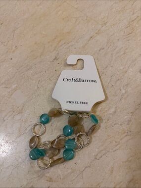 Croft & Barrow Teal and Taupe Beaded Stretch Bracelet with Silver Rings